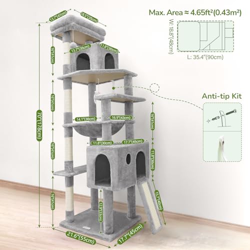 Globlazer Heavy Duty Cat Tree, 70 inch Sturdy Cat Tree for Indoor Cats Extra Large Cat Tower with Scratching Post, Hammock, Cat Condo for Adult Cats Kittens, F70 Pro, Light Grey - Image 7