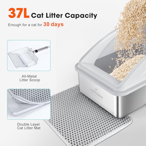 Stainless Steel Litter Box | XL Enclosed Cat Litter Boxes with Lid for Big Cats | High Sided, Anti-Urine Leakage | Non-Stick Bottom & Includes Litter Mat & Metal Scoop - Image 7