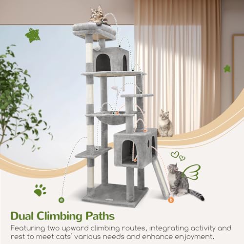 Globlazer Heavy Duty Cat Tree, 70 inch Sturdy Cat Tree for Indoor Cats Extra Large Cat Tower with Scratching Post, Hammock, Cat Condo for Adult Cats Kittens, F70 Pro, Light Grey - Image 6