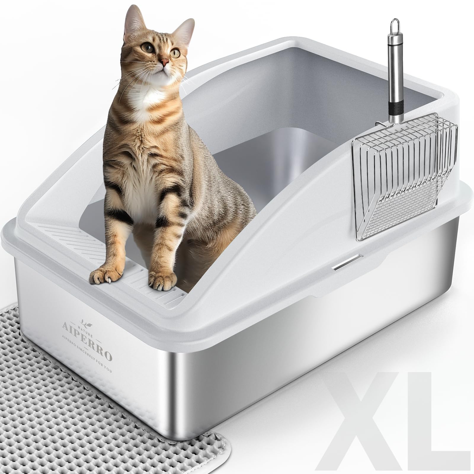 Stainless Steel Litter Box | XL Enclosed Cat Litter Boxes with Lid for Big Cats | High Sided, Anti-Urine Leakage | Non-Stick Bottom & Includes Litter Mat & Metal Scoop - Image 1
