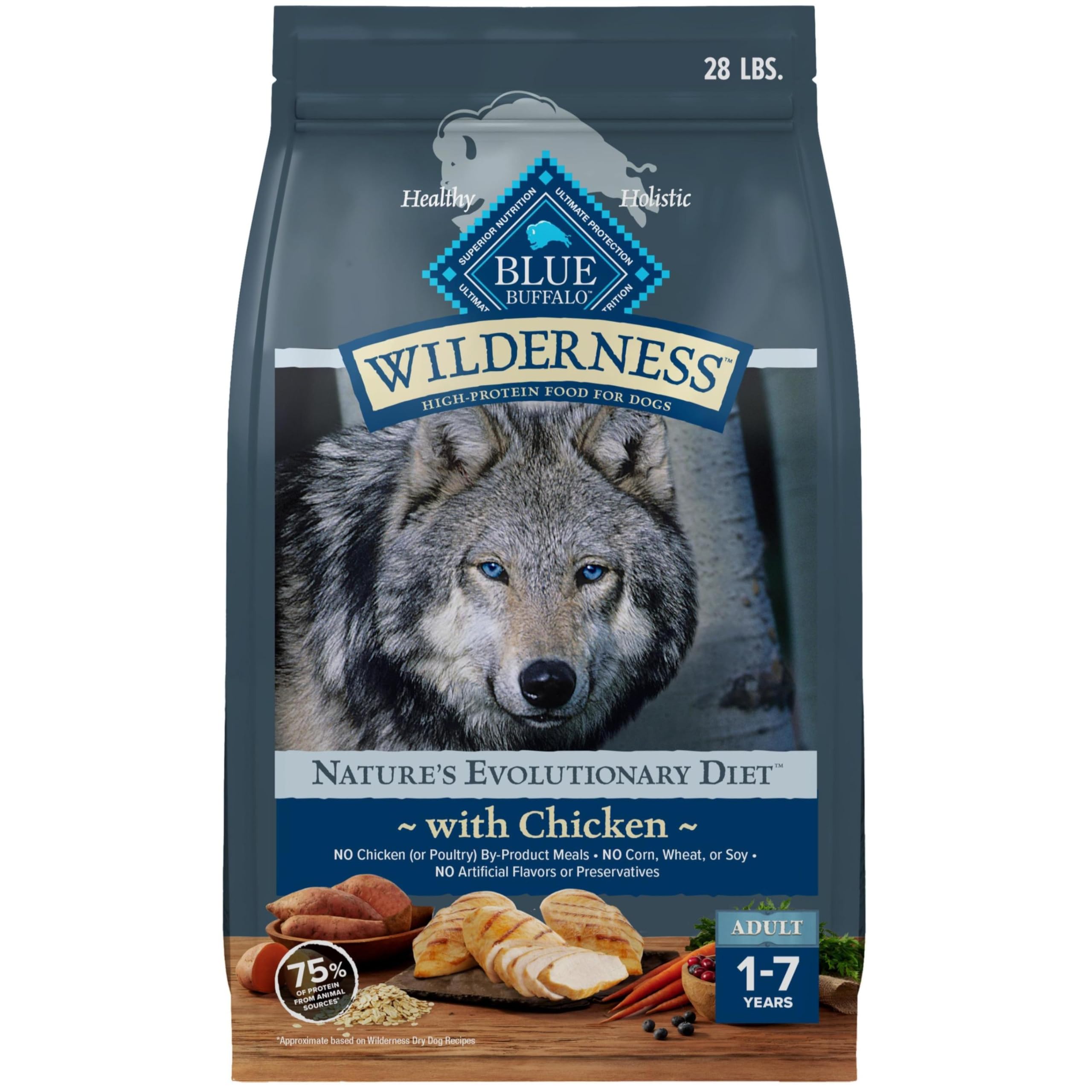 Blue Buffalo Wilderness Natural High-Protein Dry Food for Adult Dogs, Chicken Recipe, 28-lb. Bag - Image 1