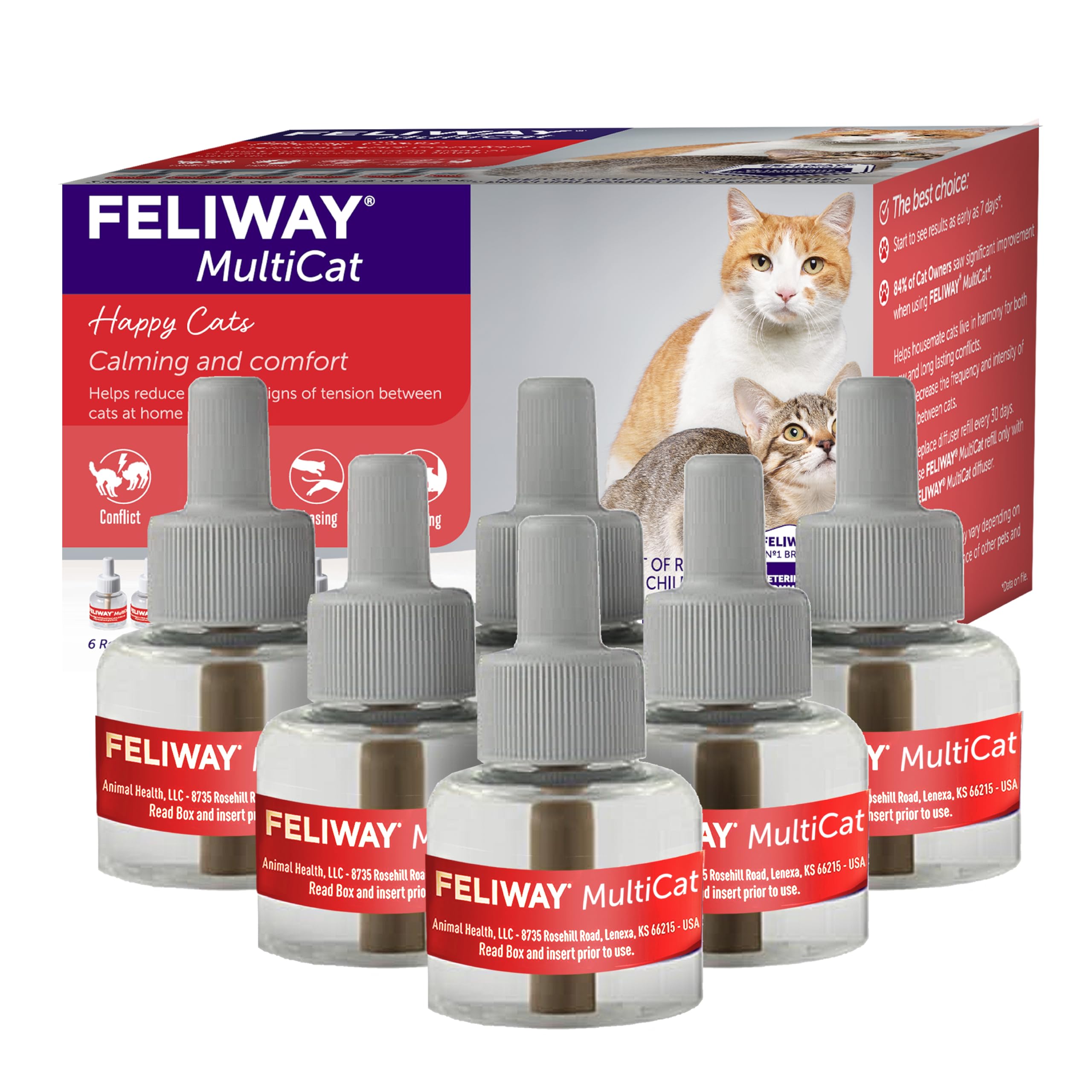 FELIWAY® MultiCat 6 x 30 Day Cat Calming Refills for Pheromone Diffuser, 6 x 48ml Value Pack- Helps Reduce Conflicts and Signs of Tension in Multi-Cat Households - Image 1