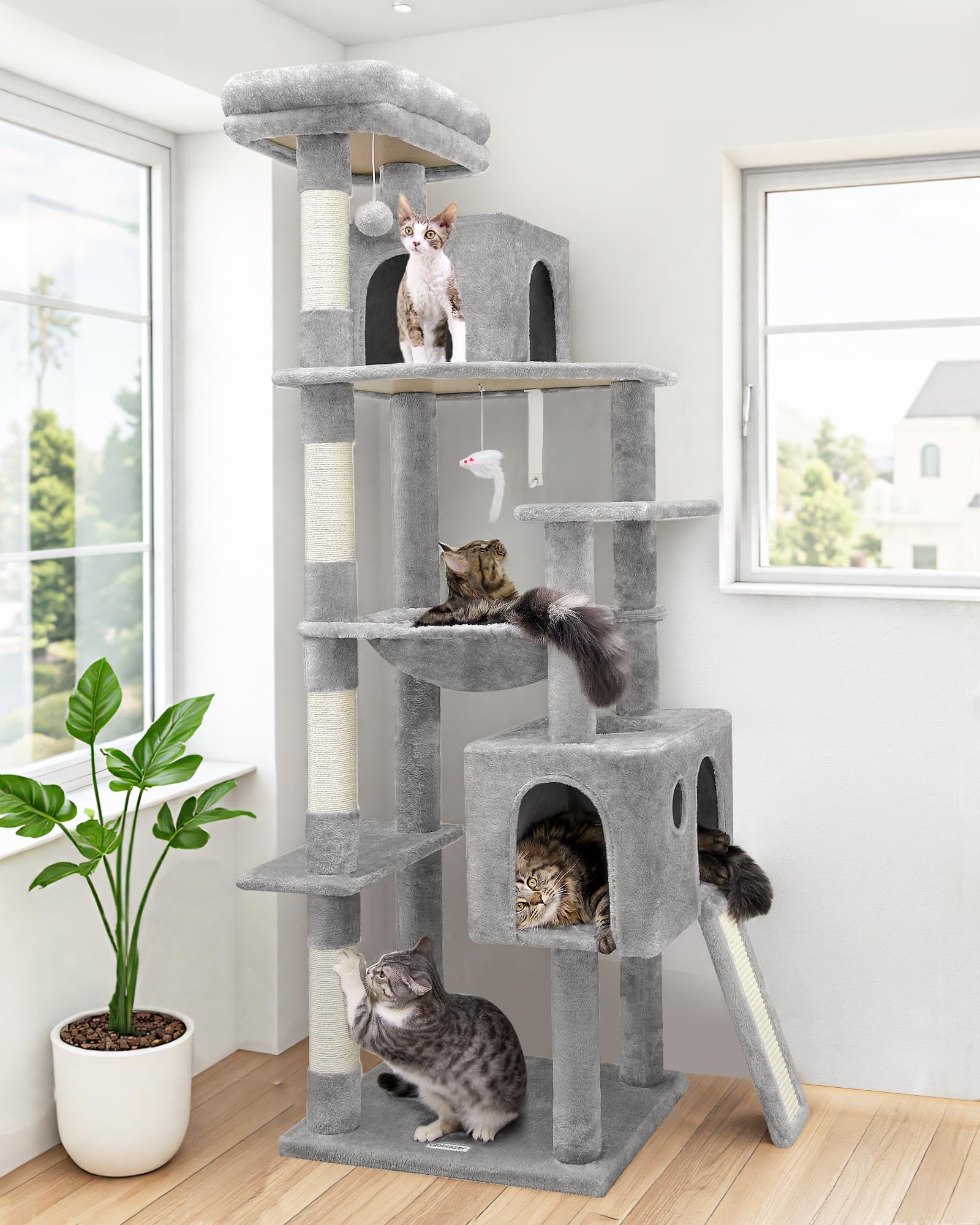 Globlazer Heavy Duty Cat Tree, 70 inch Sturdy Cat Tree for Indoor Cats Extra Large Cat Tower with Scratching Post, Hammock, Cat Condo for Adult Cats Kittens, F70 Pro, Light Grey - Image 1