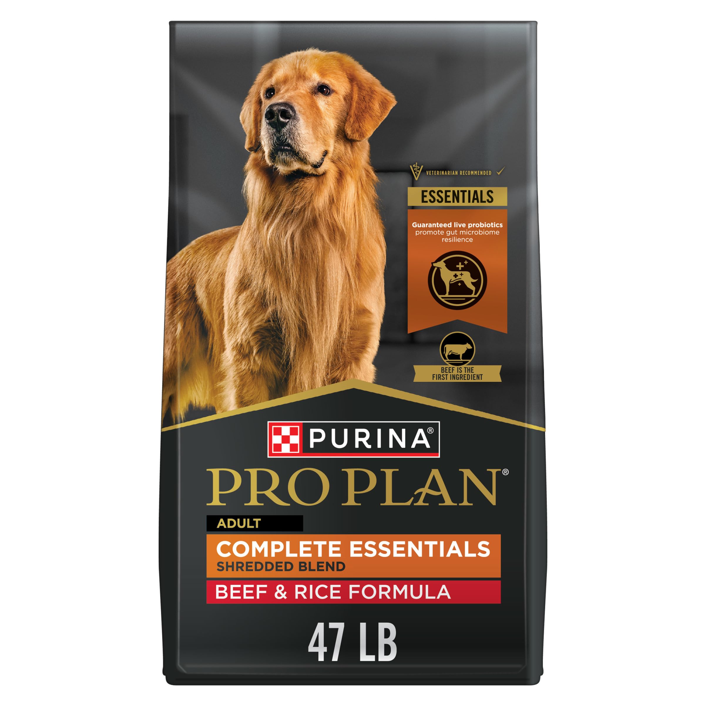 Purina Pro Plan Complete Essentials Shredded Blend Beef and Rice Dog Food Dry Formula with Probiotics for Dogs - 47 lb. Bag - Image 1